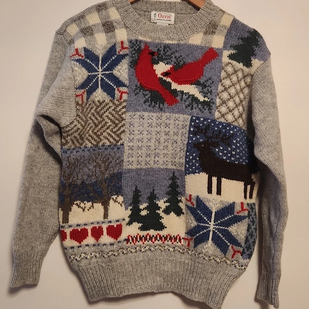 Orvis Winter Intarsia Gray Wool Cardinal Birds Moose Snowflakes Sweater Sz M